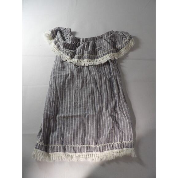 1. State Tunic Small Linen Chambray Off Shoulder Boho Blue White Stripe Cottage - Picture 10 of 12